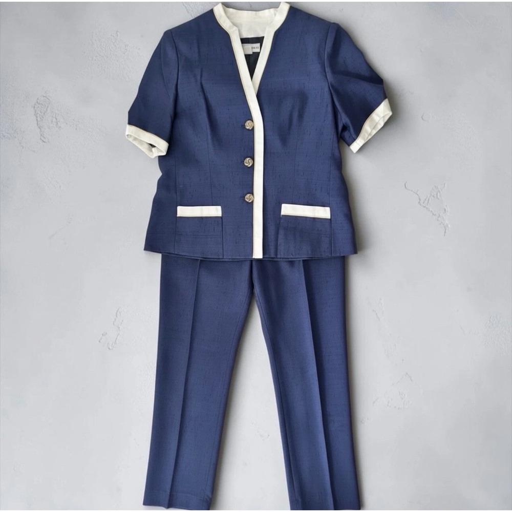 Vintage Gene Roye Navy Slub Silk Nautical Pant Suit Ivory Trim 14